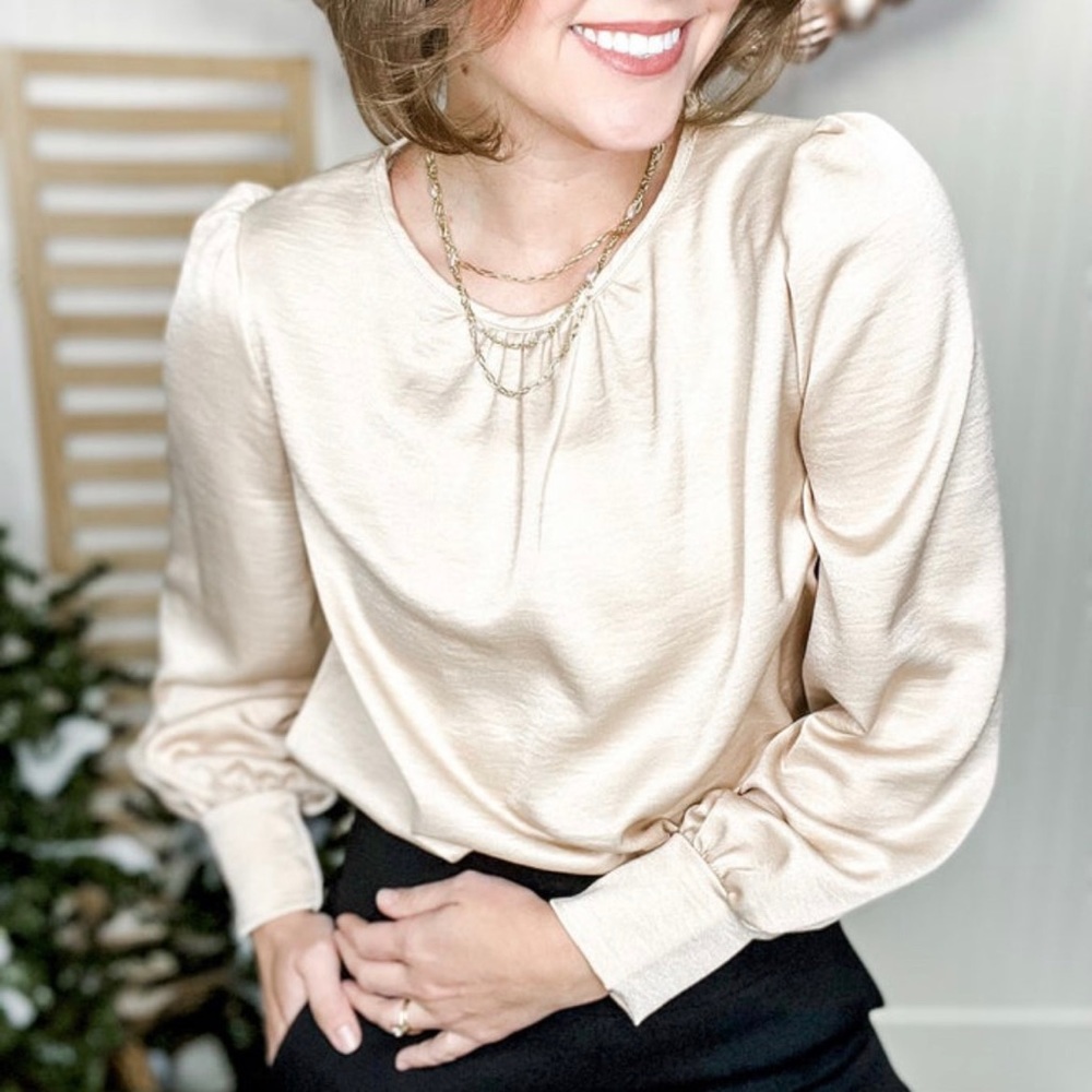 Champagne Puff Sleeve Satin Blouse
